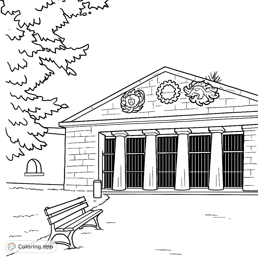 Explore a grand classical building facade with majestic columns, intricate gates, and decorative reliefs. A peaceful park bench awaits your creative touch.