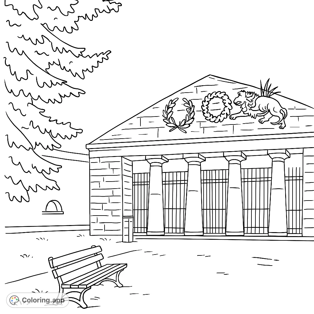 Explore a grand classical building facade with majestic columns, intricate gates, and decorative reliefs. A peaceful park bench awaits your creative touch.
