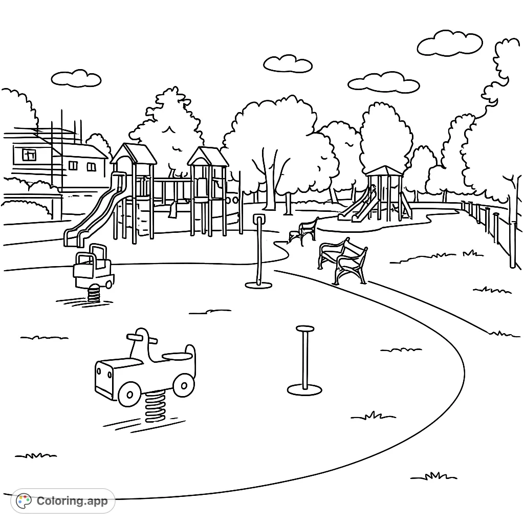 Explore a lively playground scene with slides, swings, and climbing structures, surrounded by trees and open spaces. Perfect for imaginative coloring fun.