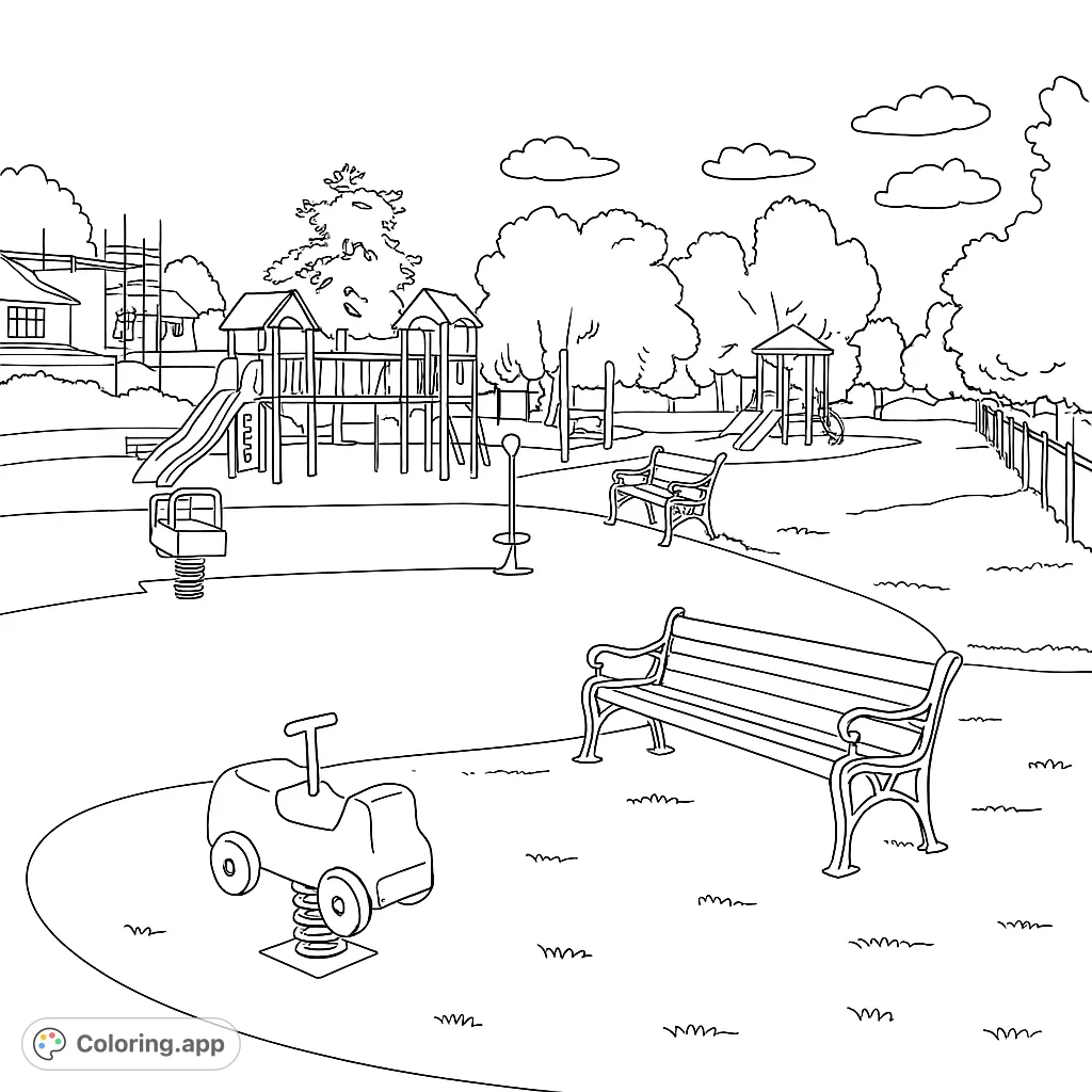 Explore a lively playground scene with slides, swings, and climbing structures, surrounded by trees and open spaces. Perfect for imaginative coloring fun.