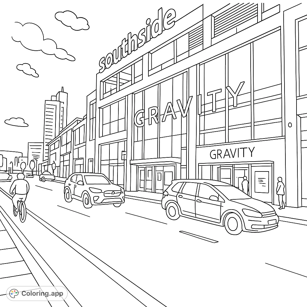 Explore a dynamic urban street scene featuring modern architecture, moving vehicles, and pedestrians. A detailed city life coloring page.