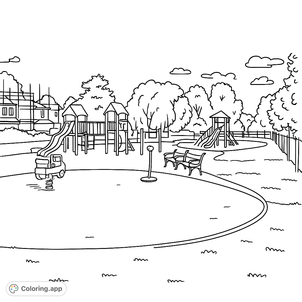 Explore a vibrant playground scene with slides, swings, and climbing structures, surrounded by trees and open spaces. Perfect for imaginative coloring fun.
