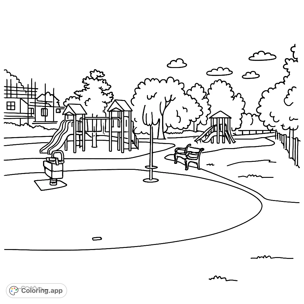 Explore a vibrant playground scene with slides, swings, and climbing structures, surrounded by trees and open spaces. Perfect for imaginative coloring fun.