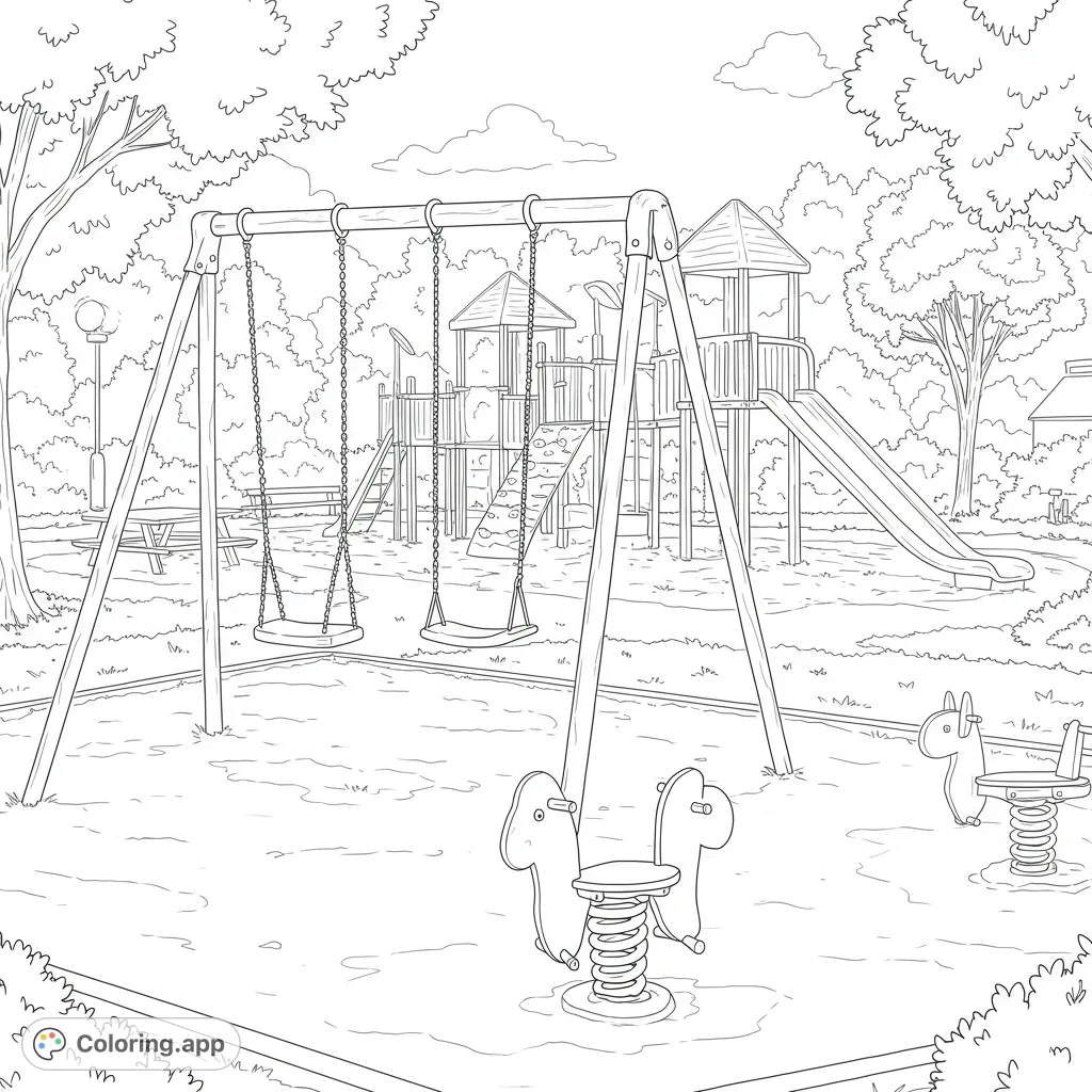 Explore a lively outdoor playground with a swing set, multi-level play structure, and spring riders, surrounded by trees and distant homes. Perfect for kids!