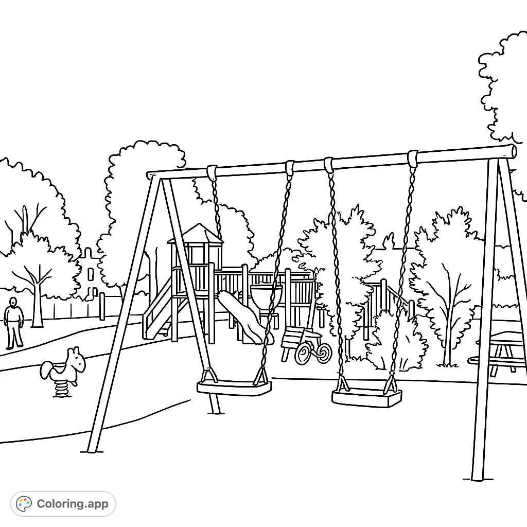 Explore a lively playground scene featuring swings, slides, and climbing structures. Perfect for imaginative play and bringing a fun outdoor adventure to life.