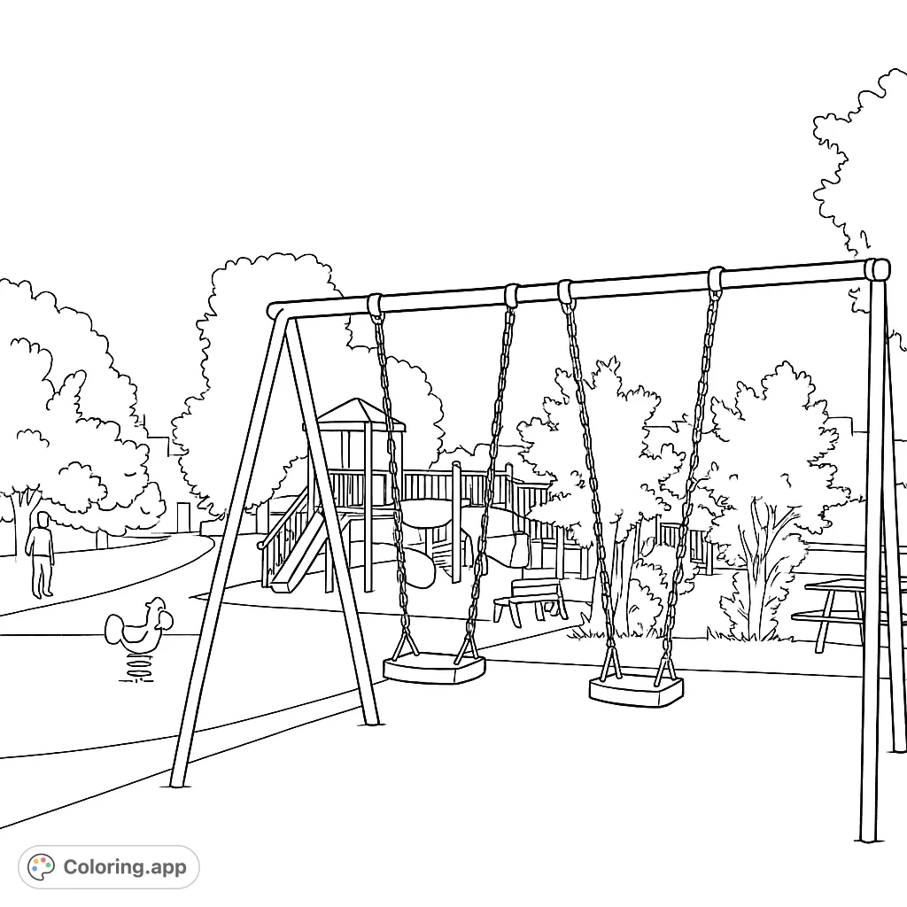 Explore a lively playground scene featuring swings, slides, and climbing structures. Perfect for imaginative play and bringing a fun outdoor adventure to life.