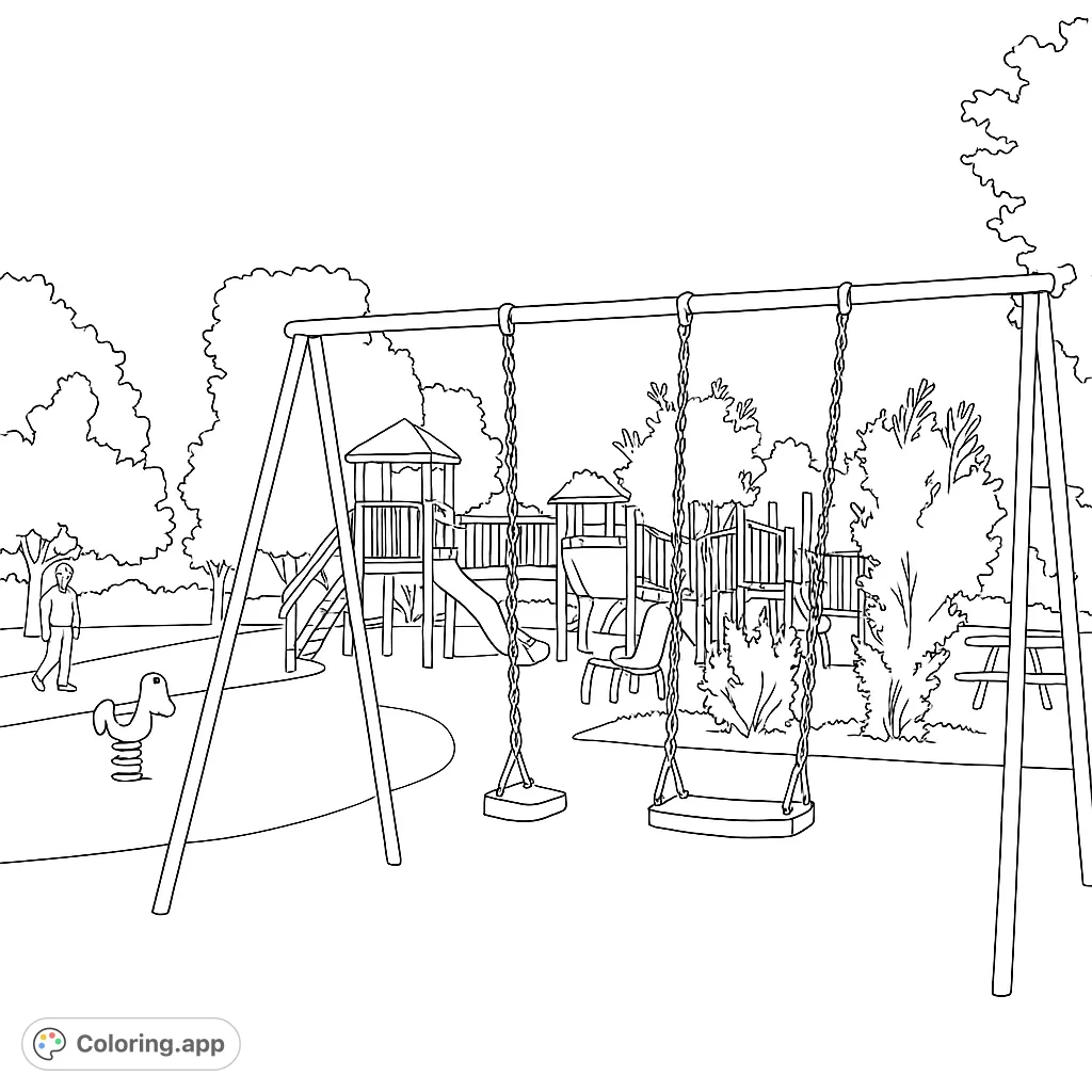 Dive into a lively playground scene featuring a swing set, multi-level play structure, and spring riders. Perfect for imaginative coloring fun!