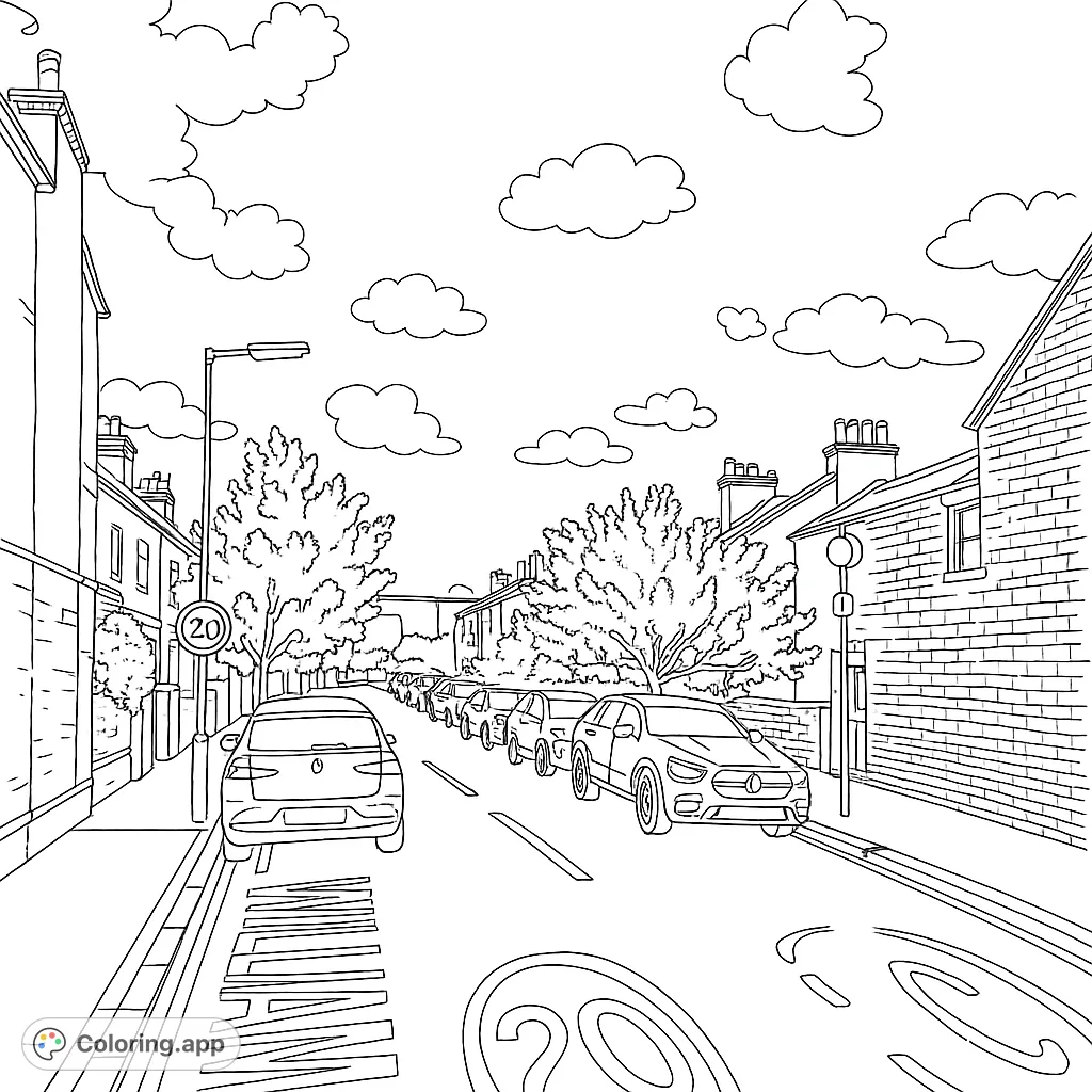 Explore a peaceful street scene with houses, cars, and trees. A detailed urban landscape for creative coloring.