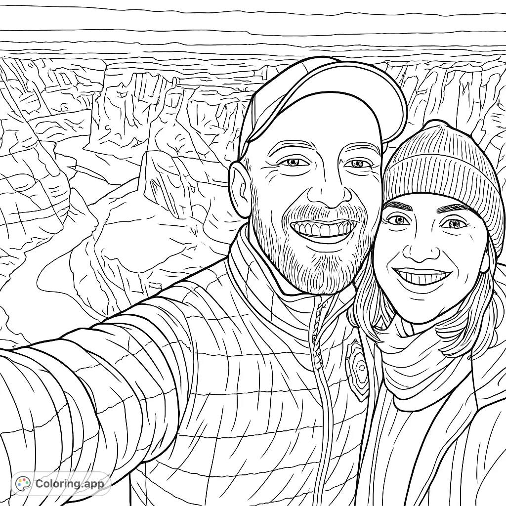 A joyful couple smiles against a stunning canyon backdrop with a winding river, perfect for a nature-themed coloring page.