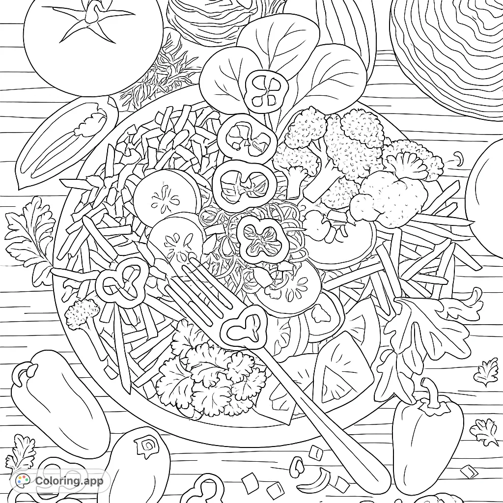 A bountiful bowl of fresh, chopped vegetables, perfect for a healthy meal. Explore diverse textures and shapes in this detailed food coloring page.