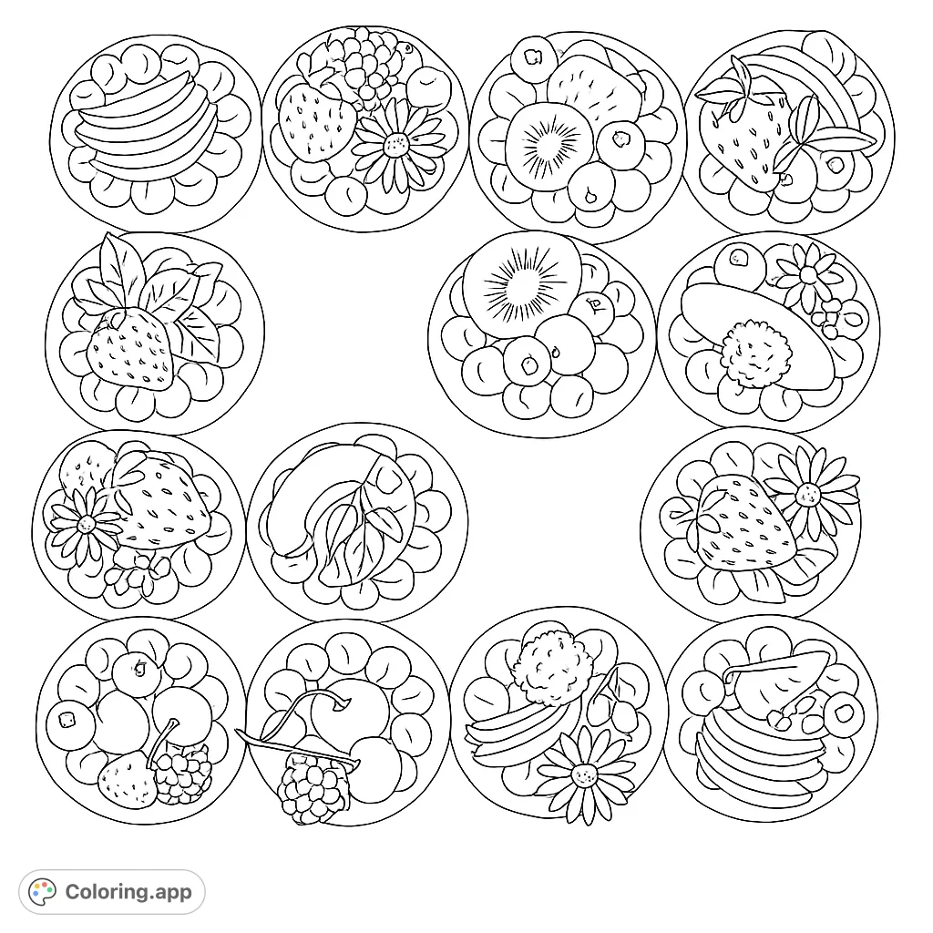 Indulge in a delightful array of gourmet donuts, each adorned with fresh fruits and delicate flowers. A sweet treat for mindful coloring.