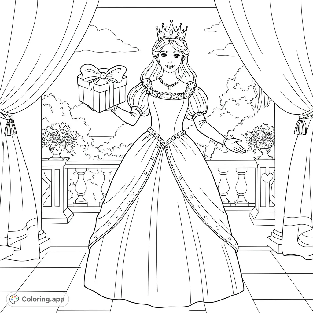A regal queen presents a beautifully wrapped, heart-shaped gift box, perfect for a heartfelt queen coloring page experience.
