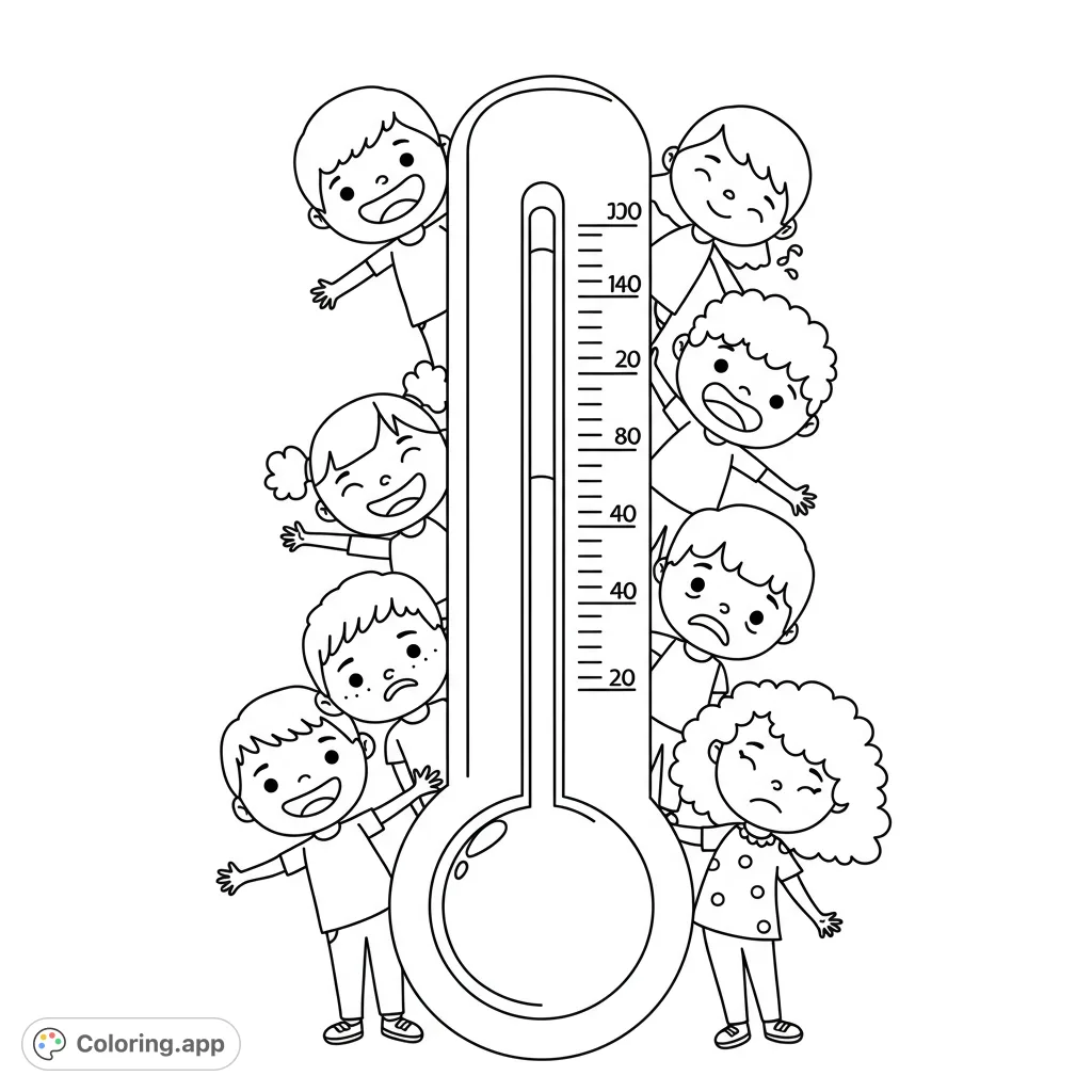Explore emotions with a fun feelings thermometer coloring page featuring children expressing various feelings, perfect for emotional literacy.