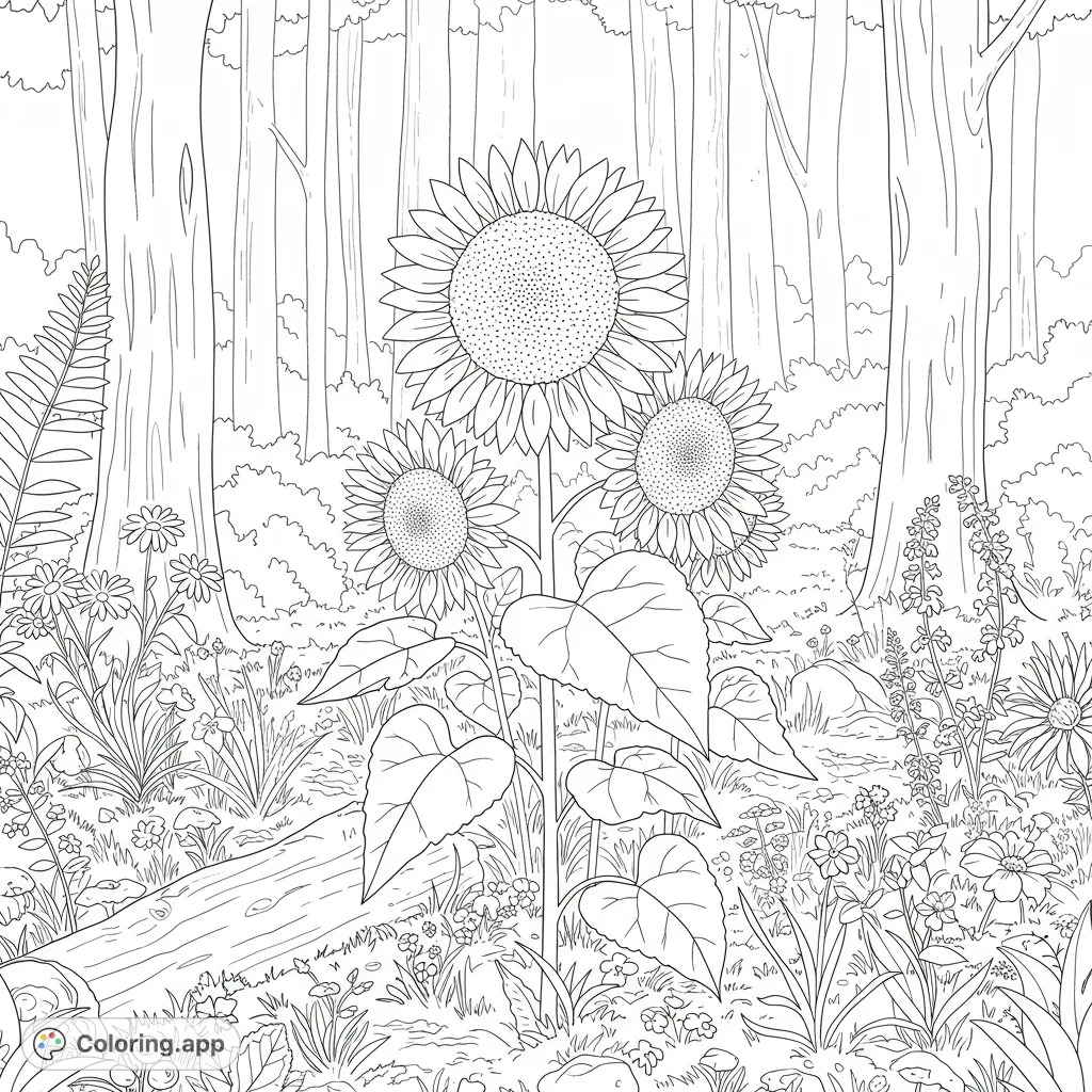A beautiful forest scene featuring large-petaled sunflowers and various wild flowers, perfect for a nature-themed coloring page.