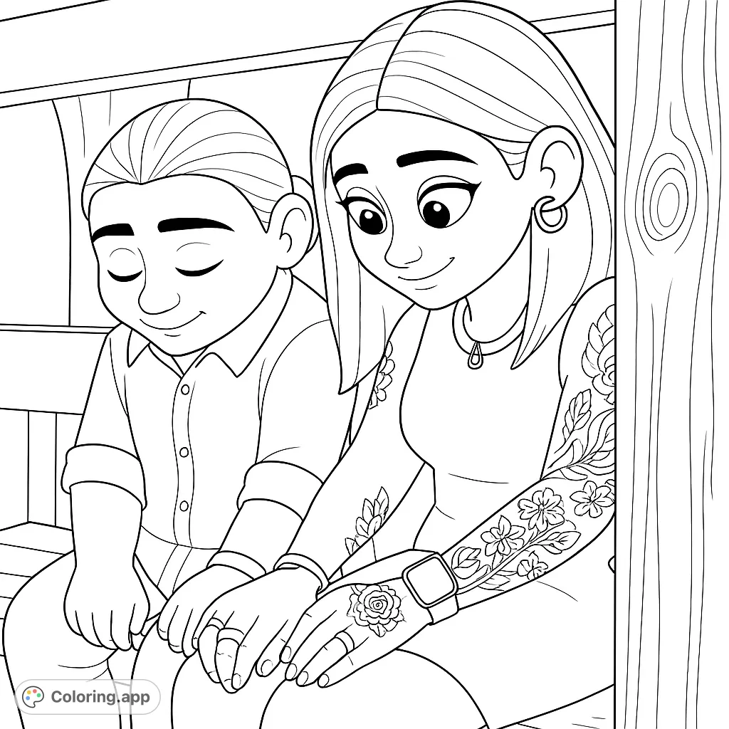 A heartwarming scene of two characters sharing a tender moment on a wooden bench, featuring intricate tattoo designs and expressive details.