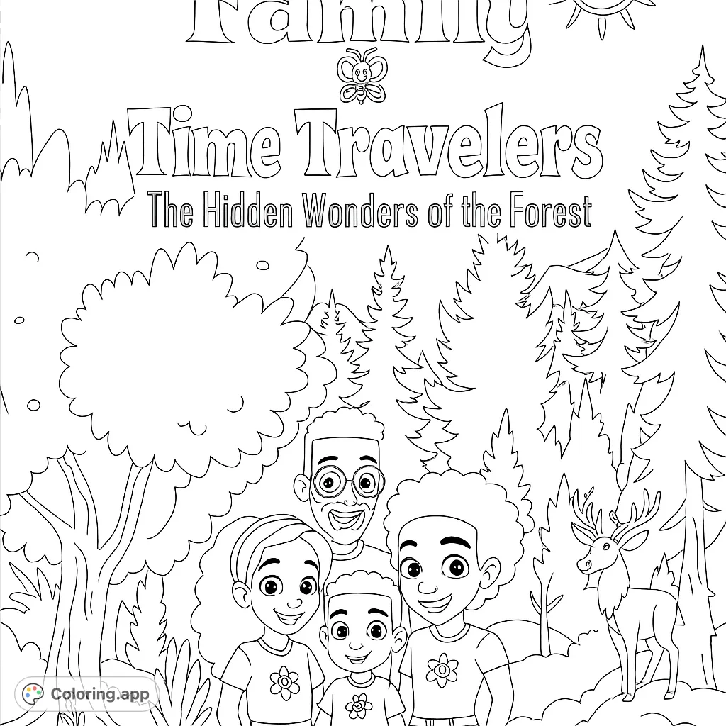 Explore a vibrant forest with a happy family of four, surrounded by majestic trees and woodland creatures. A delightful nature-themed coloring page for all ages.