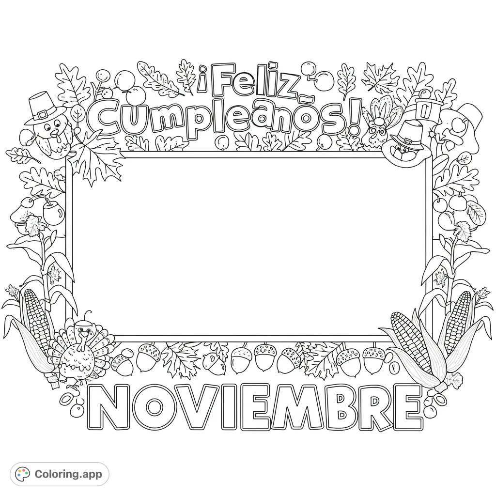 Celebrate with a unique autumn-themed birthday coloring page featuring '¡Feliz Cumpleaños!' and 'Noviembre' text, friendly turkeys, and fall foliage.