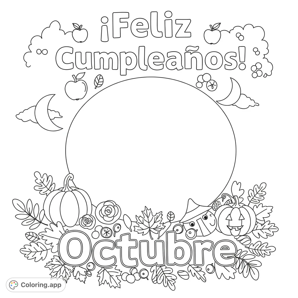 Celebrate an October birthday with this festive coloring page featuring large Spanish text, autumn leaves, pumpkins, and a central space for a personalized drawing.