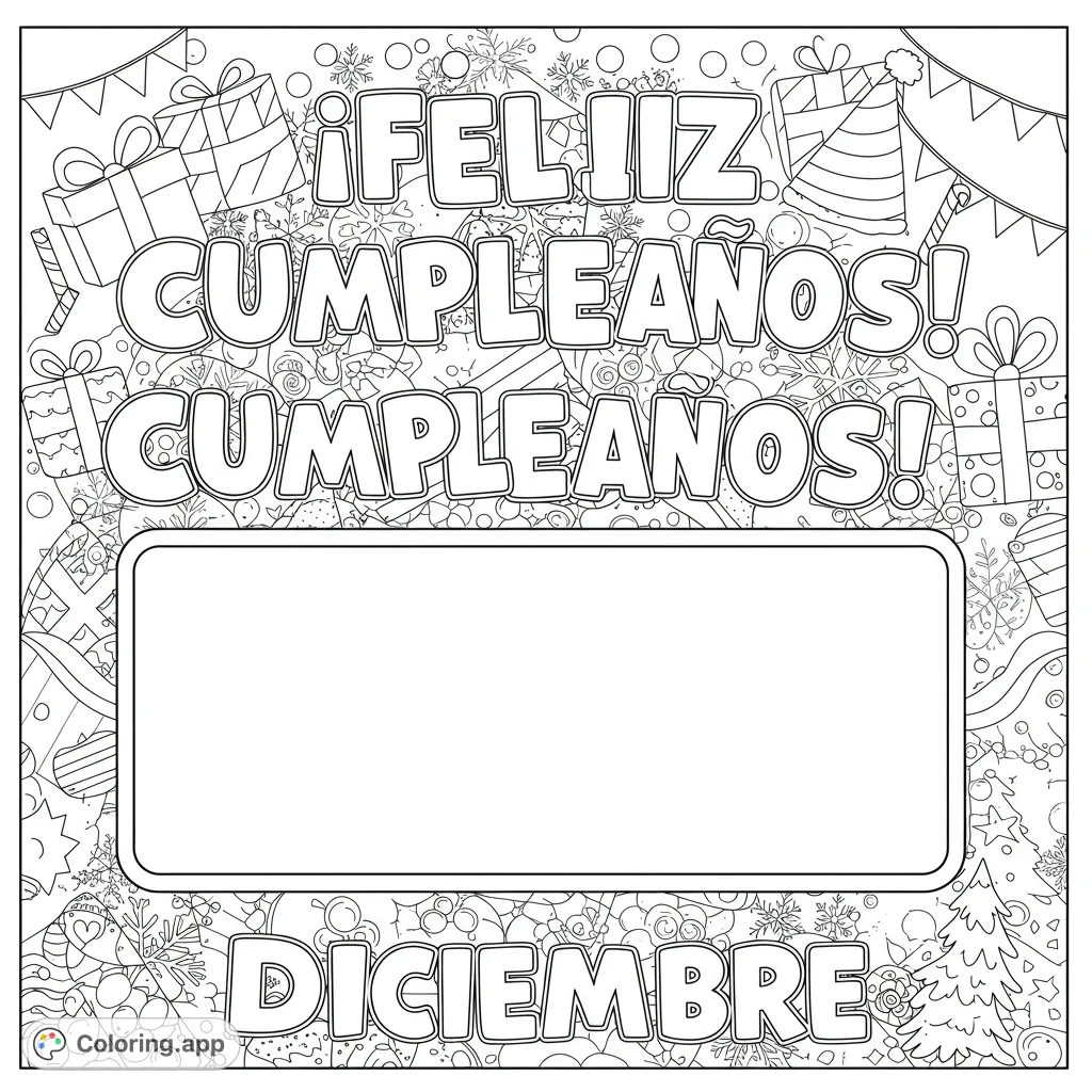 Celebrate a December birthday with this festive coloring page featuring decorative text, gift boxes, snowflakes, and a blank space for a personal drawing.