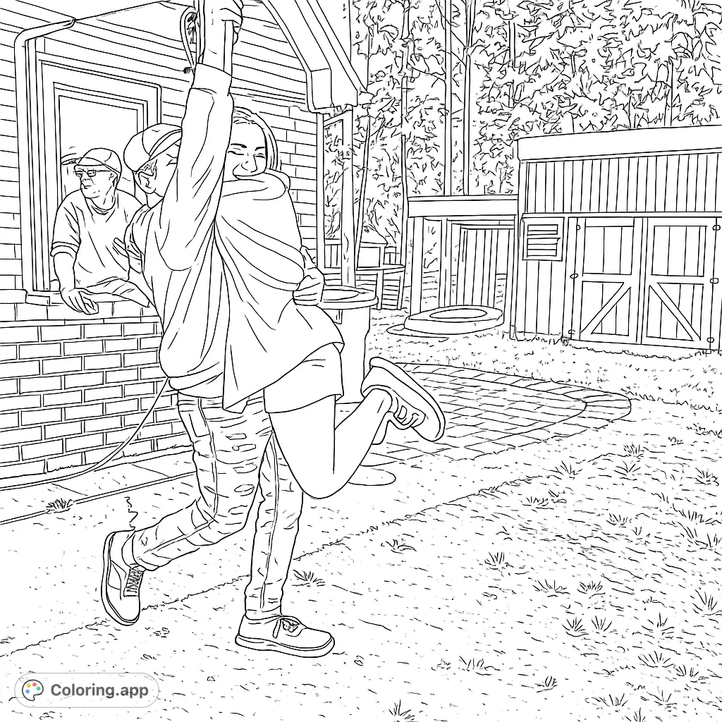 A heartwarming scene of a couple embracing outdoors, with a detailed background of a house and yard. Perfect for expressing affection and joy.