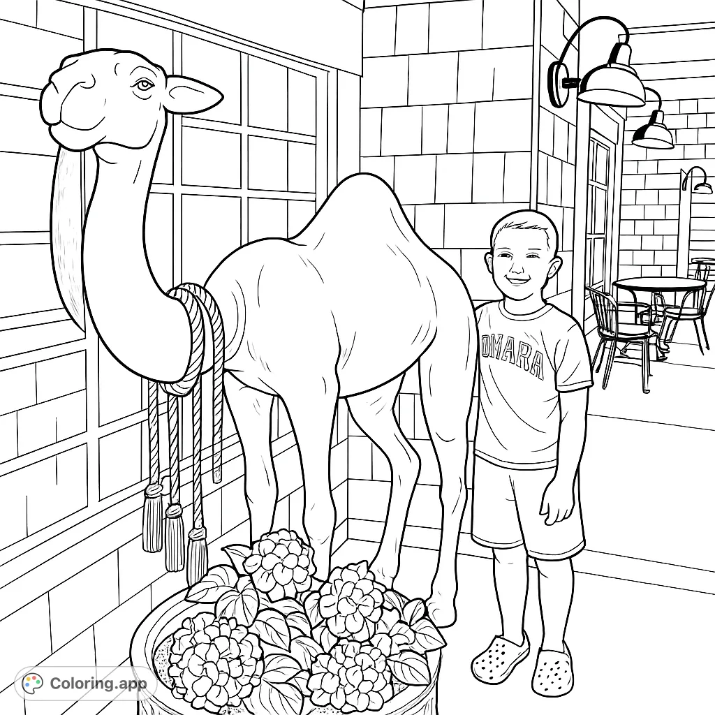 A cheerful boy poses beside a grand camel statue, set against a charming building with a patio. A fun, free printable camel coloring page for kids.