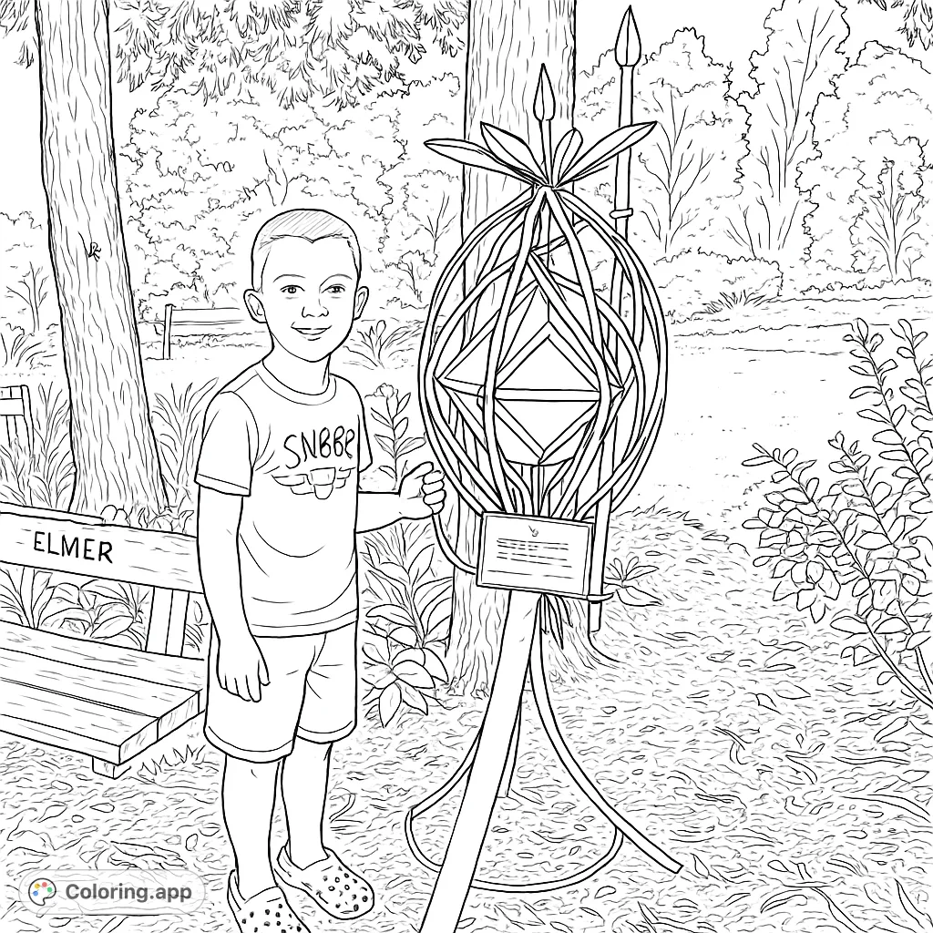 A smiling boy stands beside a fascinating geometric sculpture in a park setting, ready for a creative coloring adventure.