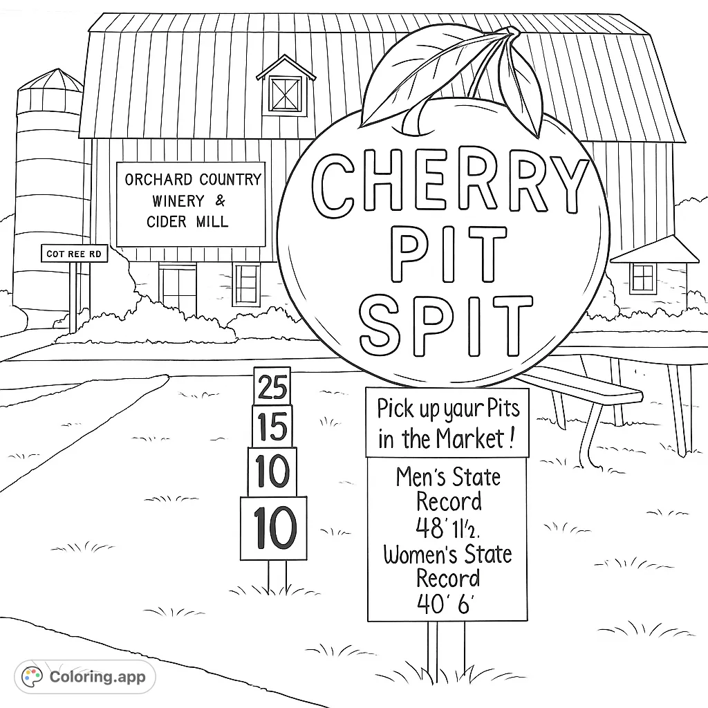 A fun cherry pit spitting contest scene with a large cherry sign, barn, and record boards. Perfect for a unique and playful coloring experience.