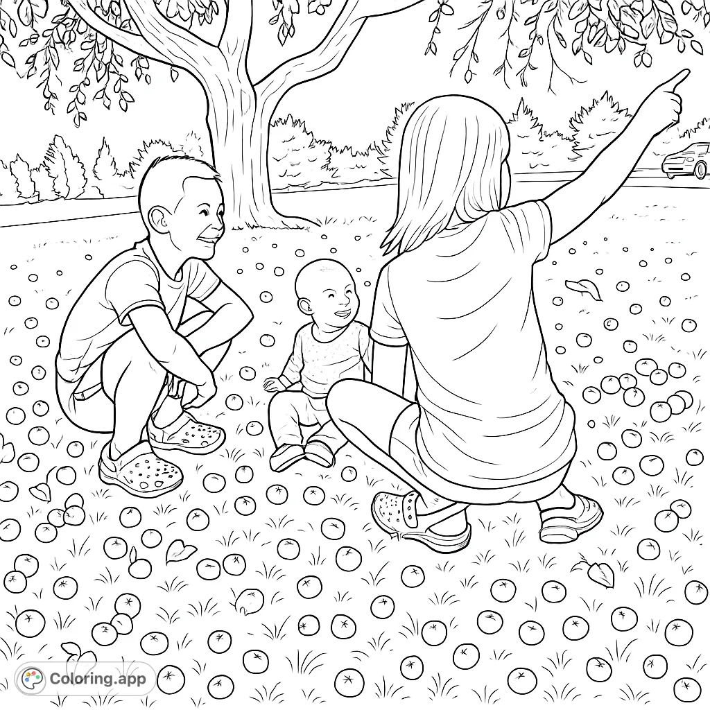 A delightful scene of three children playing under a fruit tree, surrounded by fallen fruits. Perfect for a fun, nature-themed coloring adventure.