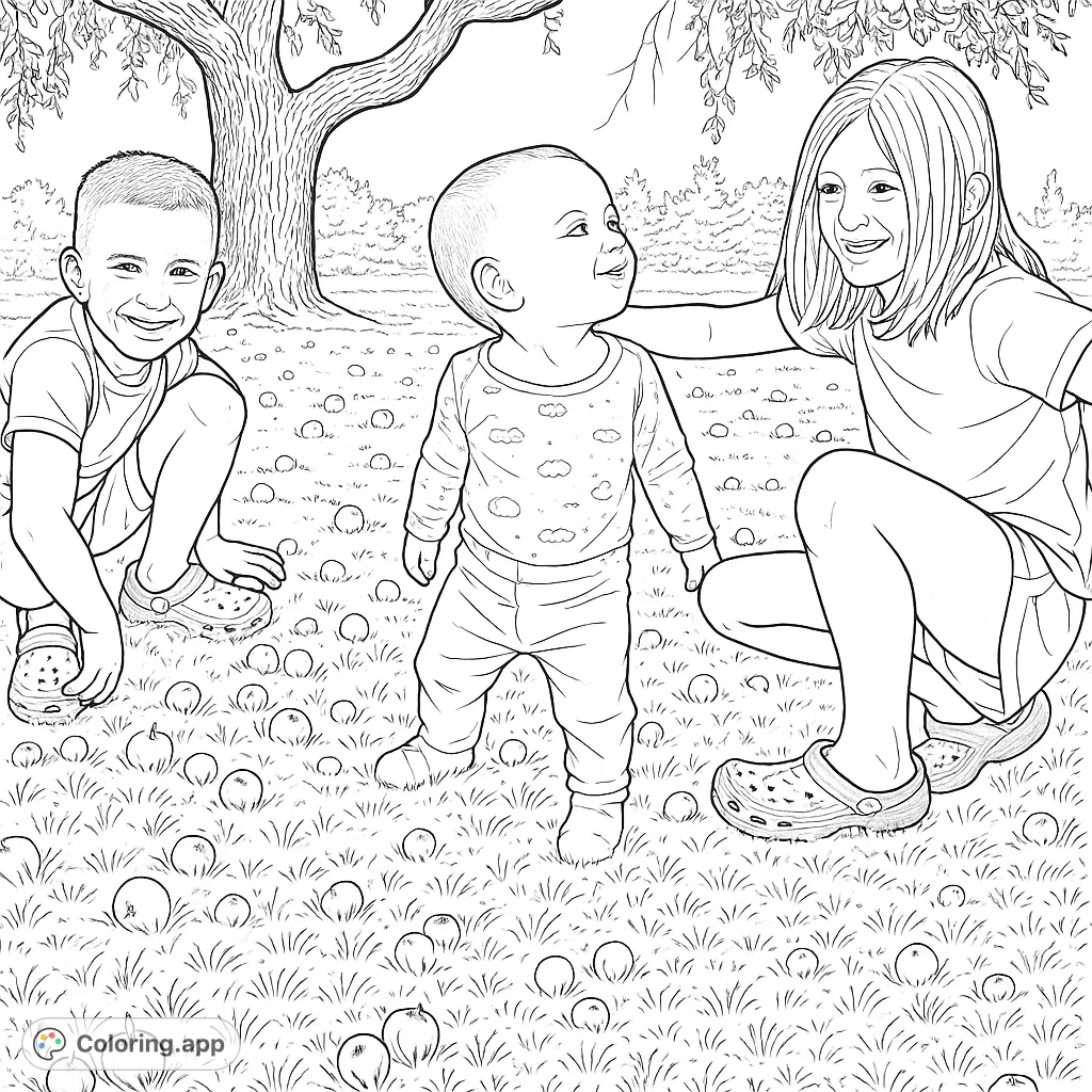 Three happy children enjoy an outdoor adventure under a large tree, surrounded by fallen fruits. A delightful scene for a free printable coloring page.