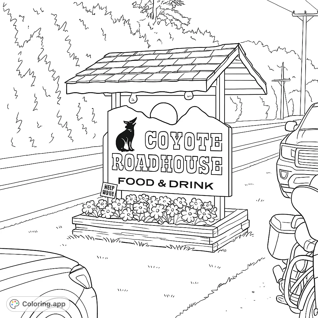 A rustic Coyote Roadhouse sign with a howling coyote, flowers, and a scenic roadside setting, perfect for a unique coloring experience.