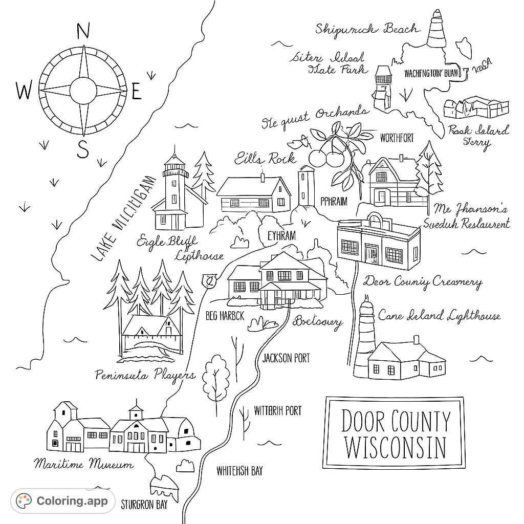 Explore Door County, Wisconsin, with this detailed map coloring page featuring iconic landmarks, charming buildings, and natural beauty.