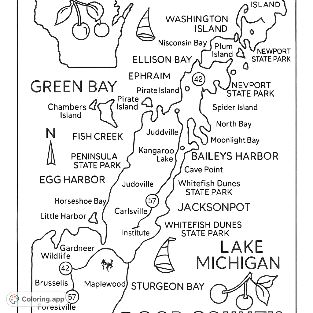 Explore Door County, Wisconsin, with this detailed map coloring page featuring towns, islands, state parks, and iconic landmarks.