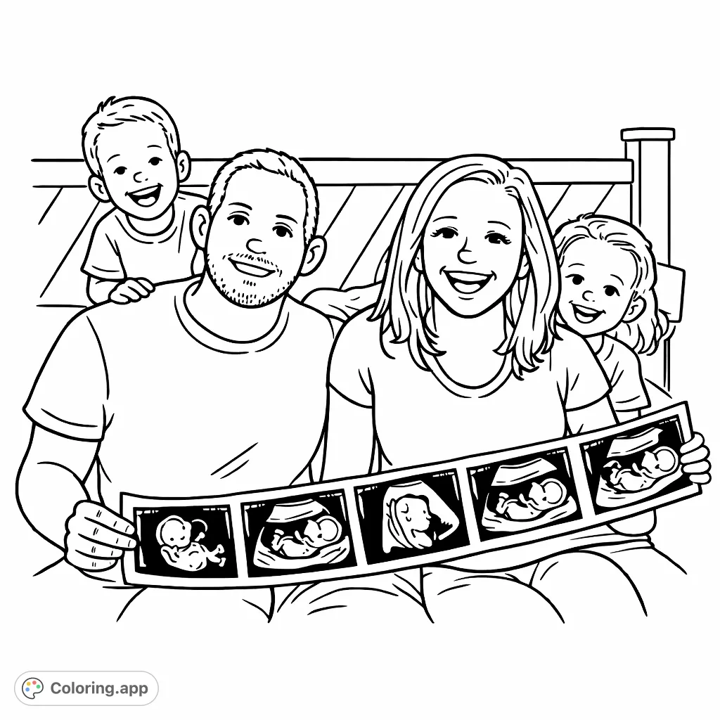 A joyful family celebrates a new arrival, featuring parents holding ultrasound images and two happy children. Perfect for a family coloring page!