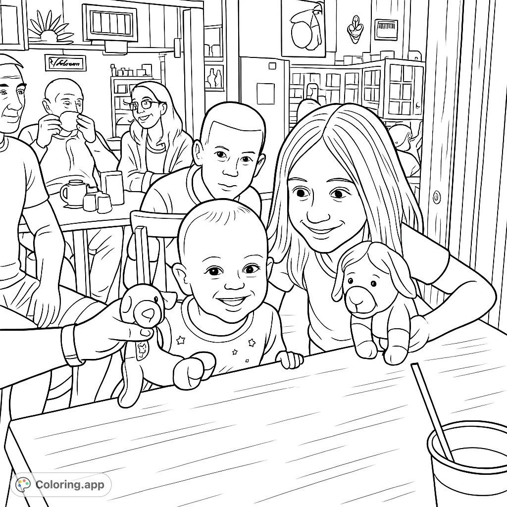 Capture a heartwarming family moment at a cozy eatery. Features smiling children, a playful baby, and a rustic setting, perfect for a delightful coloring experience.