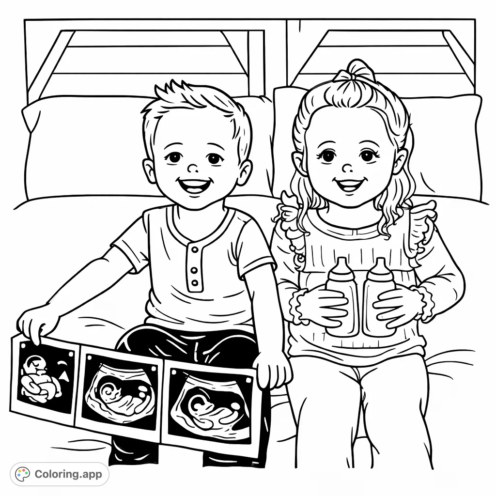 Two happy siblings share the exciting news of a new baby, holding ultrasound images and tiny shoes. A heartwarming family moment perfect for coloring!
