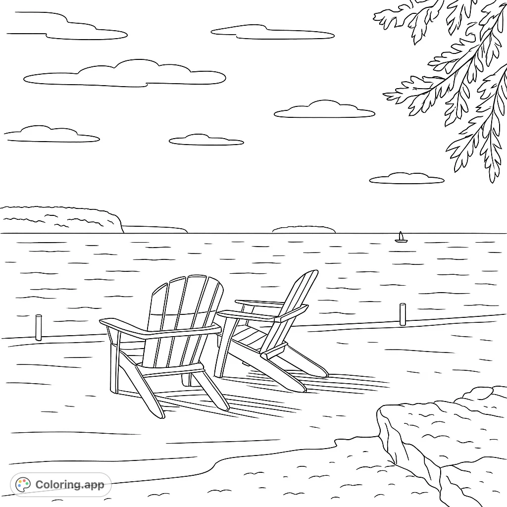 A serene lakeside view with two Adirondack chairs, perfect for a relaxing escape. Enjoy this free printable beach coloring page.