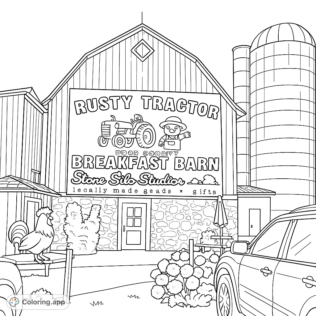 Explore a charming rustic barn and silo scene, complete with a farm-themed banner, rooster statues, and lush foliage. Perfect for all ages.