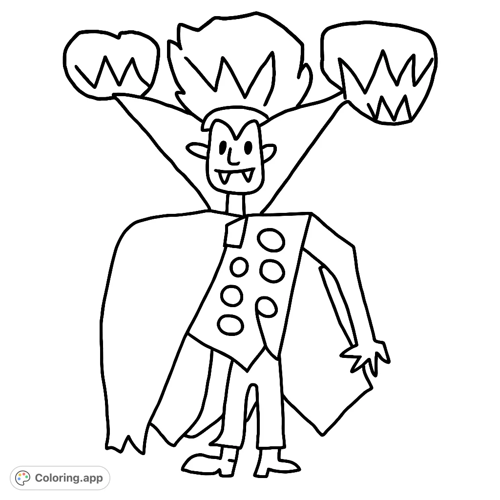 A fun, whimsical vampire character with a dramatic cape and fangs, perfect for a spooky-themed coloring adventure. Unleash your creativity!