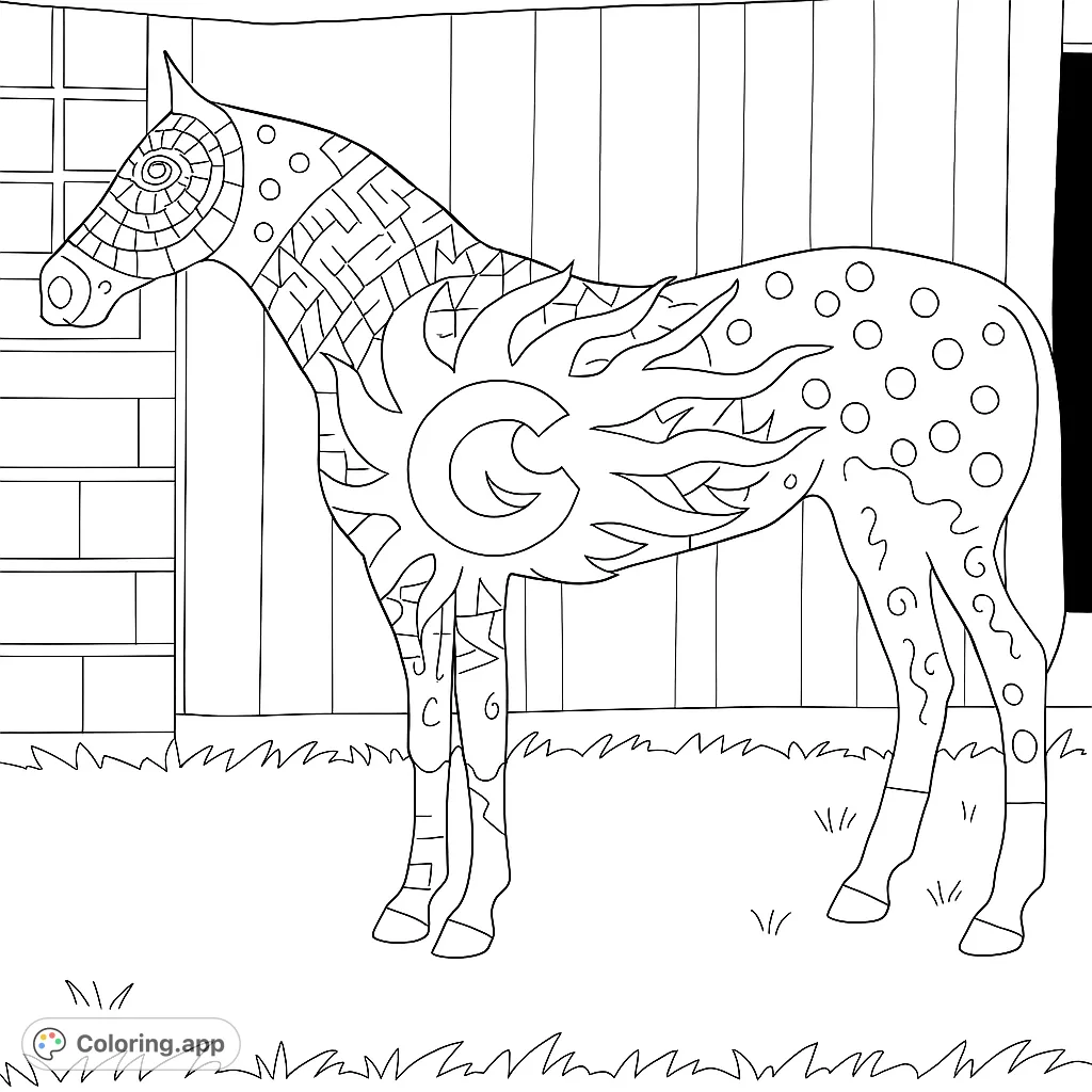 Color a unique horse figure adorned with intricate patterns and a striking sunburst design. A creative and engaging artistic horse coloring page.