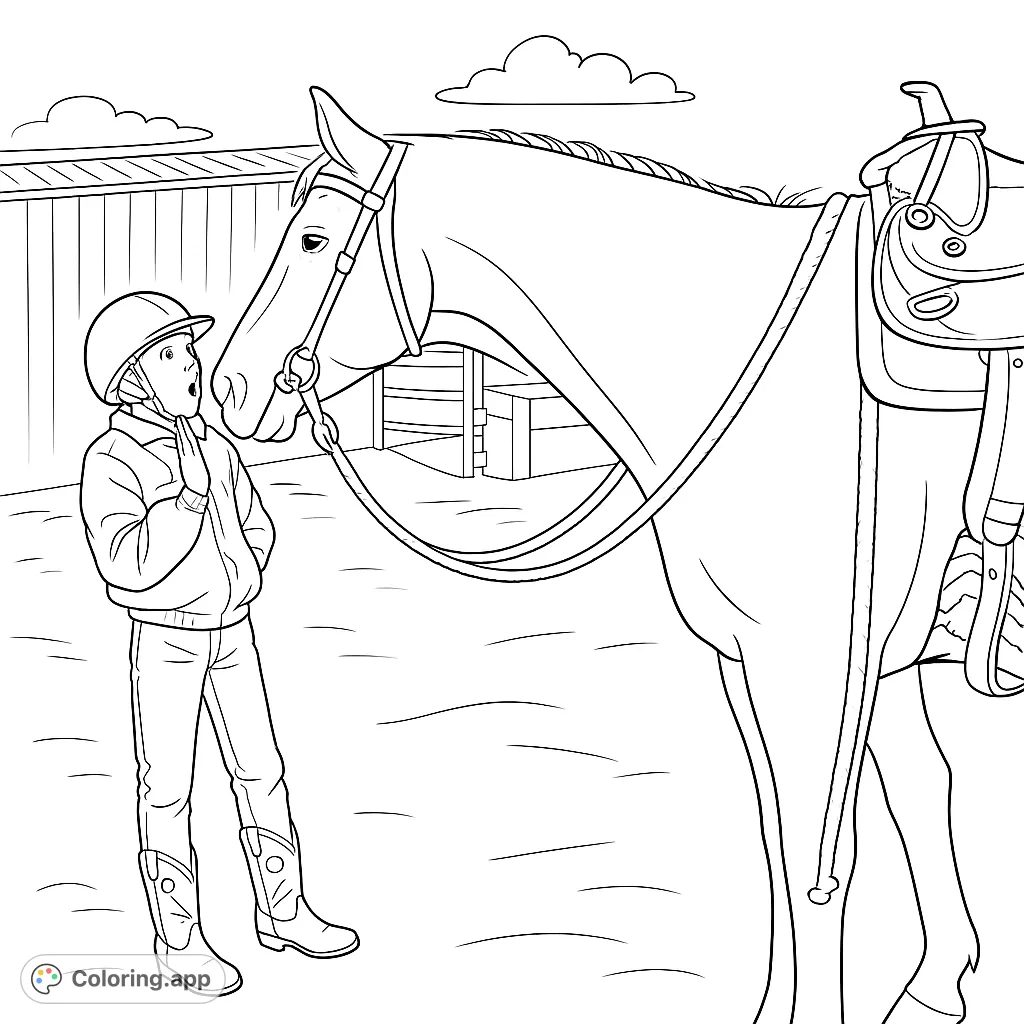 A heartwarming scene of a child interacting with a horse, perfect for young equestrians. Features a detailed horse and child in a barn setting.