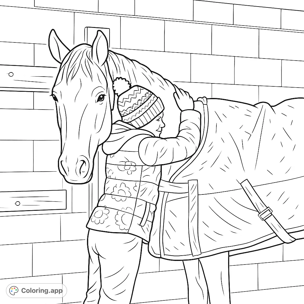 Capture a heartwarming moment between a child and their horse. This touching scene features a gentle embrace, perfect for animal lovers to color and cherish.