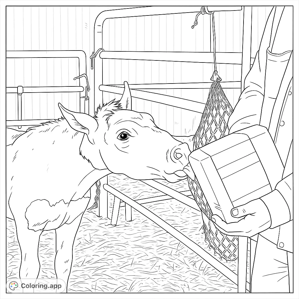 A charming foal with unique markings interacts with a person holding a feed block in a fenced pen. A delightful farm animal coloring page.