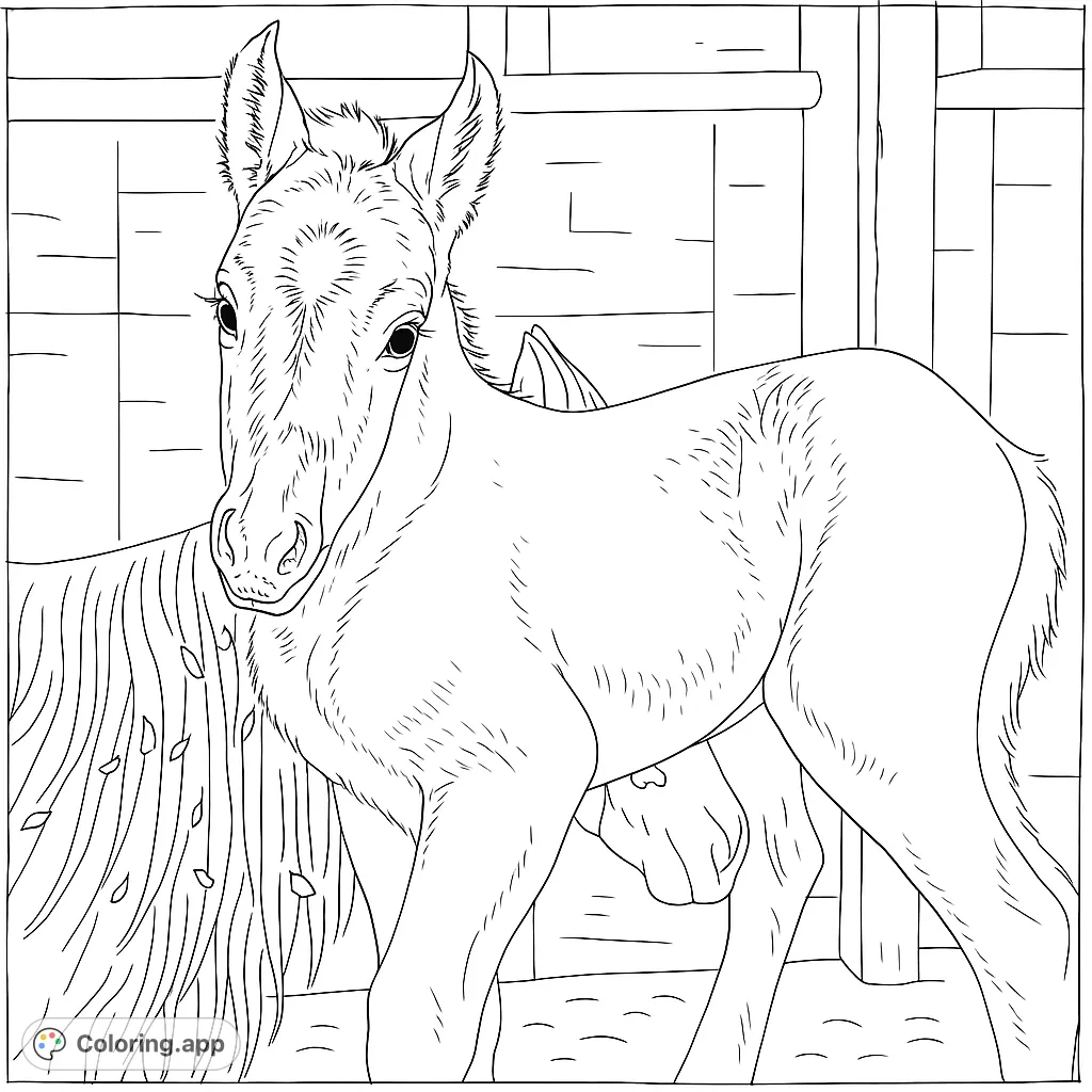 Discover a charming foal with soft fur and a gentle gaze, standing in a rustic barn. A delightful animal coloring page for all ages.