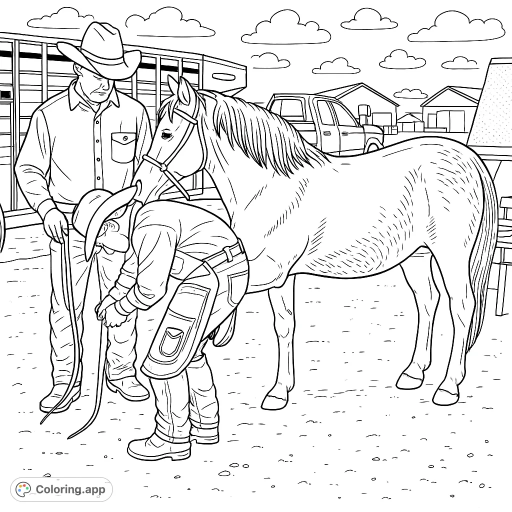 A detailed farrier coloring page featuring a horse getting its hooves trimmed, with a cowboy and trailer in the background. Perfect for animal lovers.