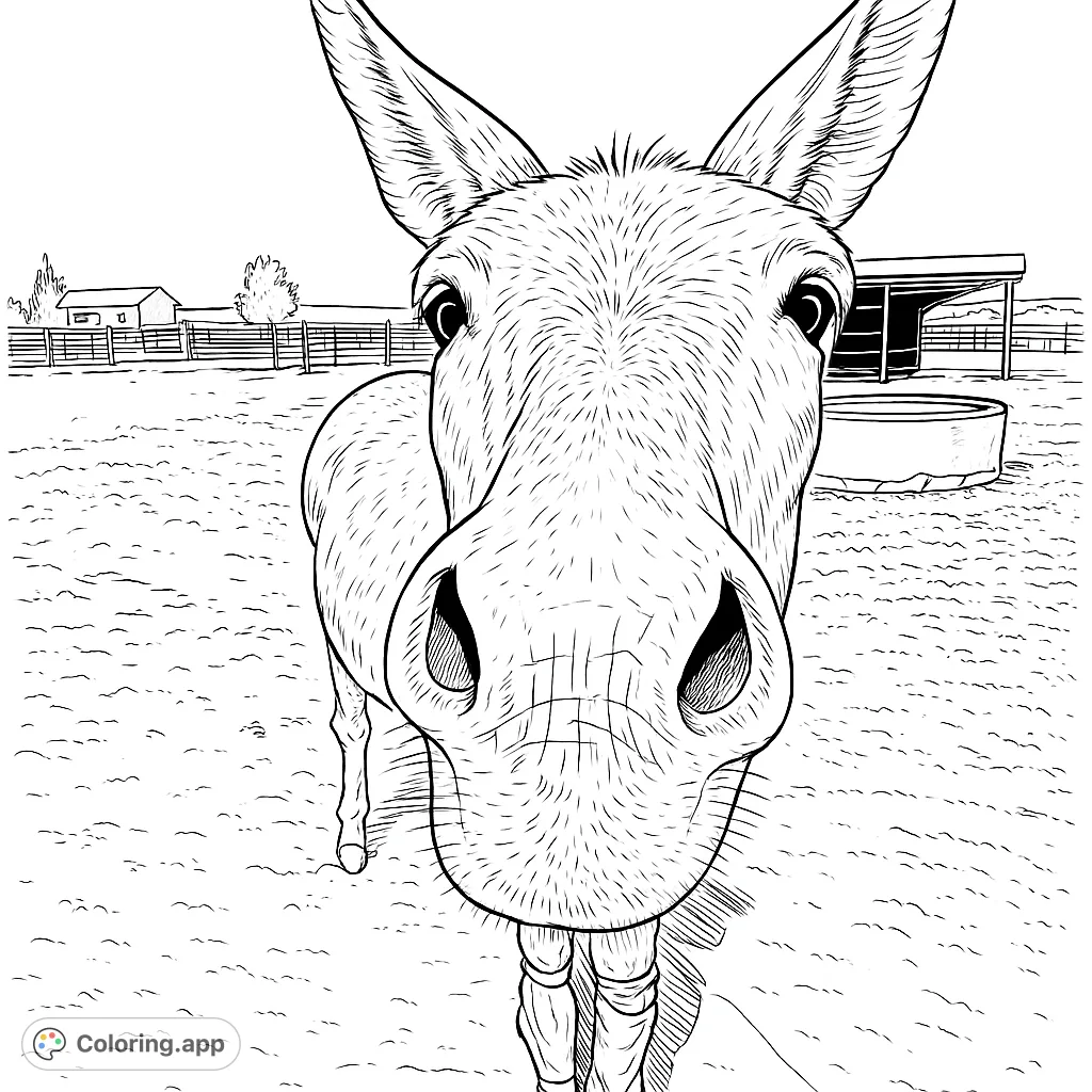 A charming close-up of a friendly donkey, perfect for animal lovers. Explore textures and details in this engaging farm animal coloring page.