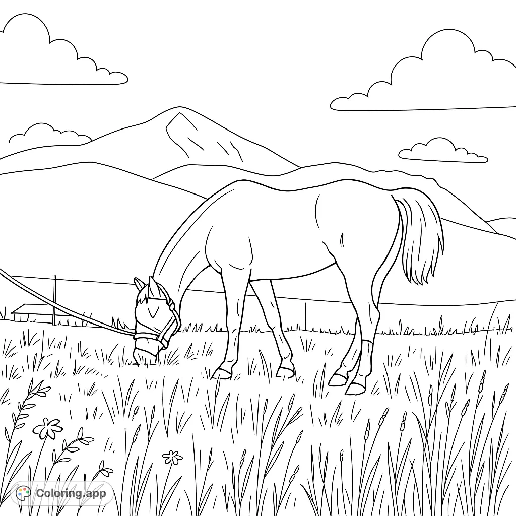 Discover a serene horse grazing in a vast field with majestic mountains in the background. A peaceful nature scene for all ages.