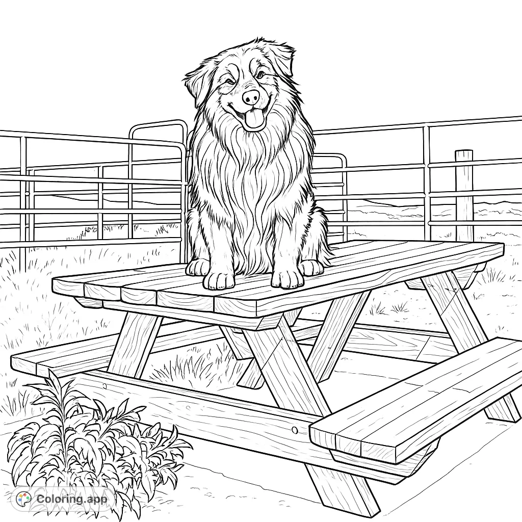 A cheerful, fluffy dog sits proudly on a rustic picnic table, ready for a fun coloring adventure. Perfect for animal lovers of all ages!