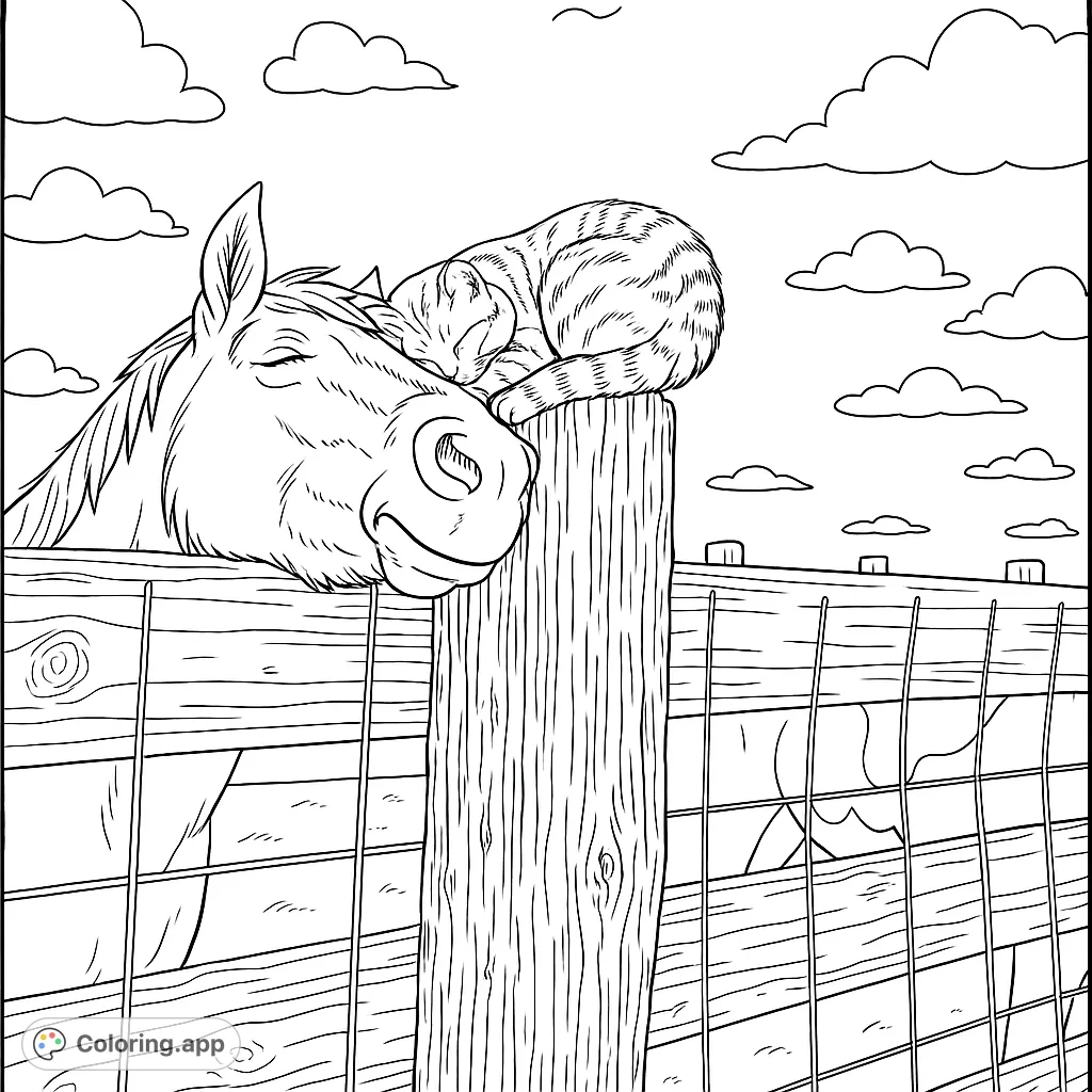 A heartwarming scene of a horse and a cat sharing a peaceful moment on a farm fence. Perfect for animal lovers and a free printable coloring page.