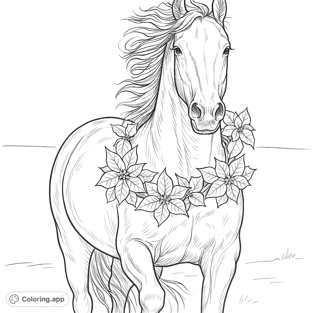 A majestic horse adorned with a beautiful floral garland, standing gracefully in an open landscape. Perfect for horse lovers and nature enthusiasts.