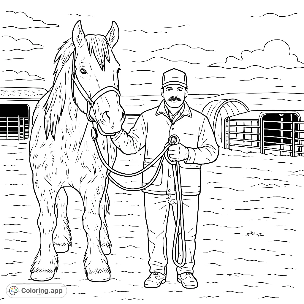 Color a powerful horse and its handler in a rustic setting. Explore textures of mane, feathering, and clothing in this engaging farm scene.